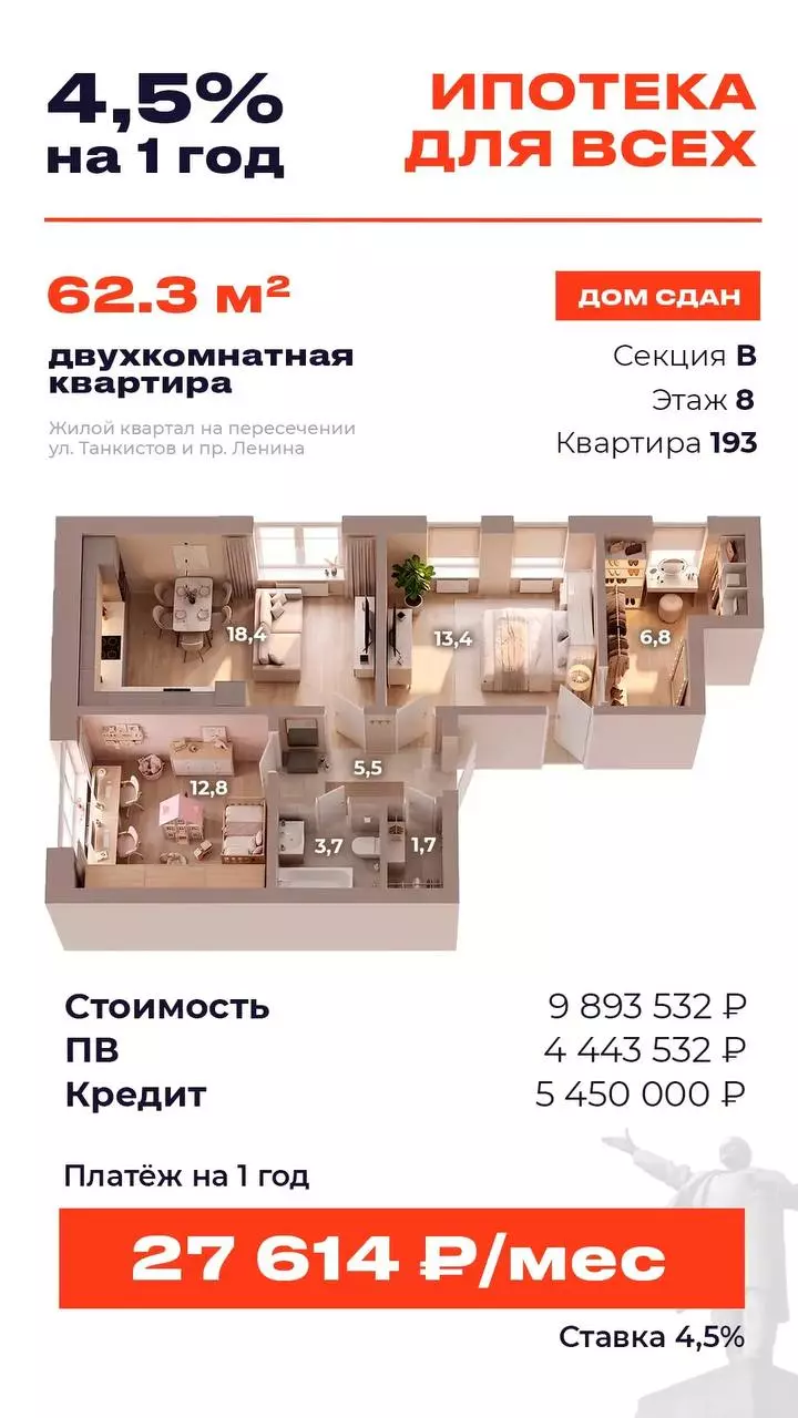 Субсидия на готовые квартиры в ЖК «4 Ленина»: ключи сразу, платеж – от 27 614 ₽! 4