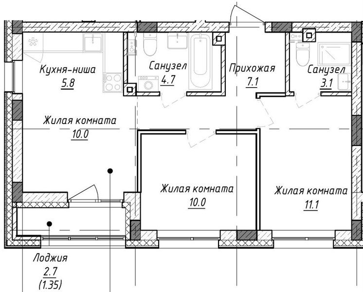 Планировка: ЖК «Эндорфин», корпус 6.1, 2 спальни, 53,15 м²