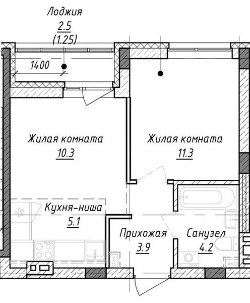 Планировка: ЖК «Эндорфин», корпус 6.1, 1 спальня, 36,05 м²
