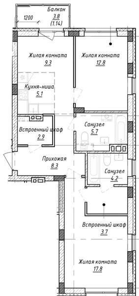Планировка: ЖК «Эндорфин», корпус 6.1, 2 спальни, 70,94 м²
